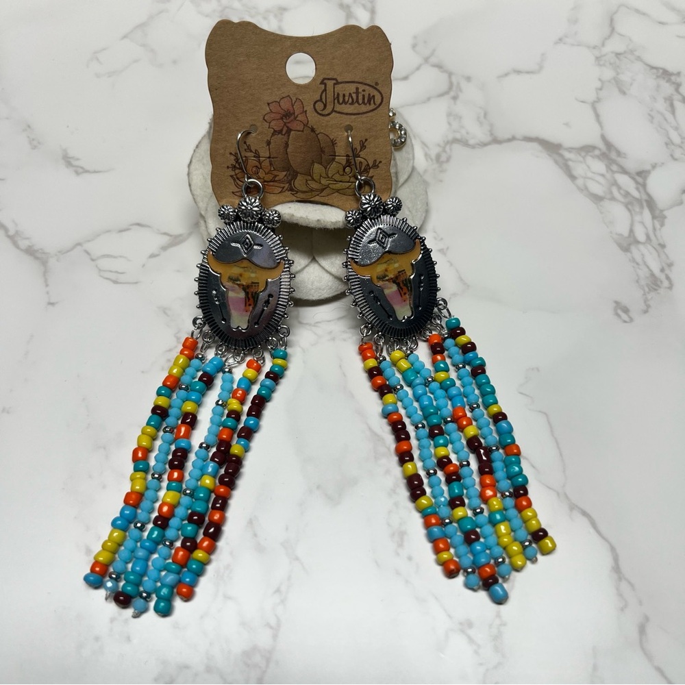 Justin Western Longhorn Skull Beaded Fringe Earrings|Cowgirl Rodeo|NWT - Picture 2 of 7